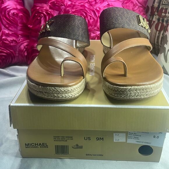 Michael Kors Women's SIDNEY MID Wedge Sandals, MK SIG SEMI LUX, Size 9 M, Brown - Picture 2 of 11
